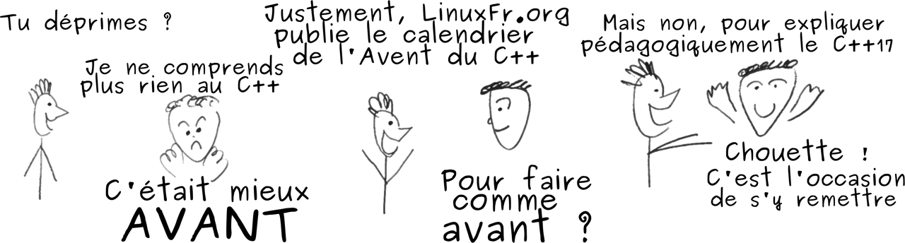 Une personne déprime de ne plus rien comprendre au C++ et son collègue le rassure que LinuxFr.org publie le calendrier de l'Avent du C++ avec des explications pédagogiques