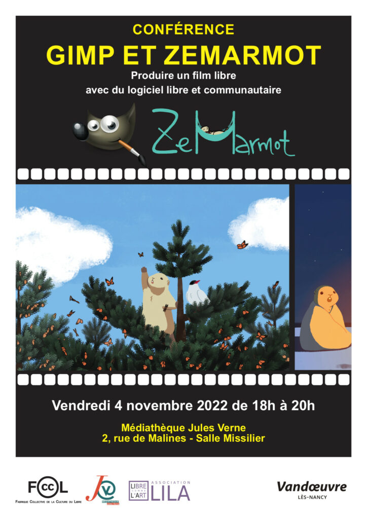Poster de la conférence "GIMP et ZeMarmot" du 4 novembre 2022 à Vandœuvre-lès-Nancy