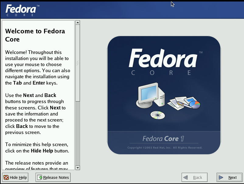 Écran d'accueil d'Anaconda sur Fedora Core 1