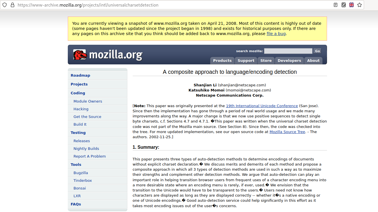 Screenshot of the algorithm paper for uchardet original algorithm with broken encoding in Firefox