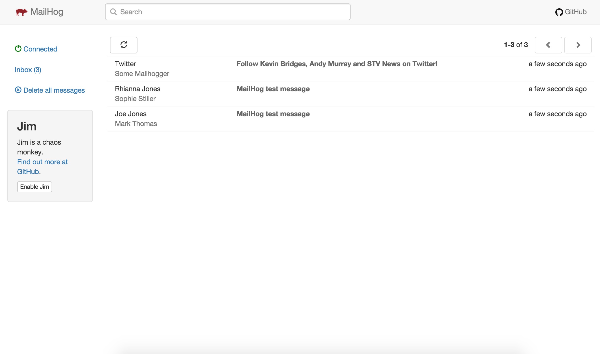 L'interface web de MailHog avec 3 courriels capturés