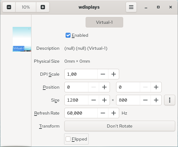 Gestionnaire d'écrans 'wdisplays | Source : https://tarnyko.net/articles/04-wayland_wlroots/wdisplays.png wdisplays