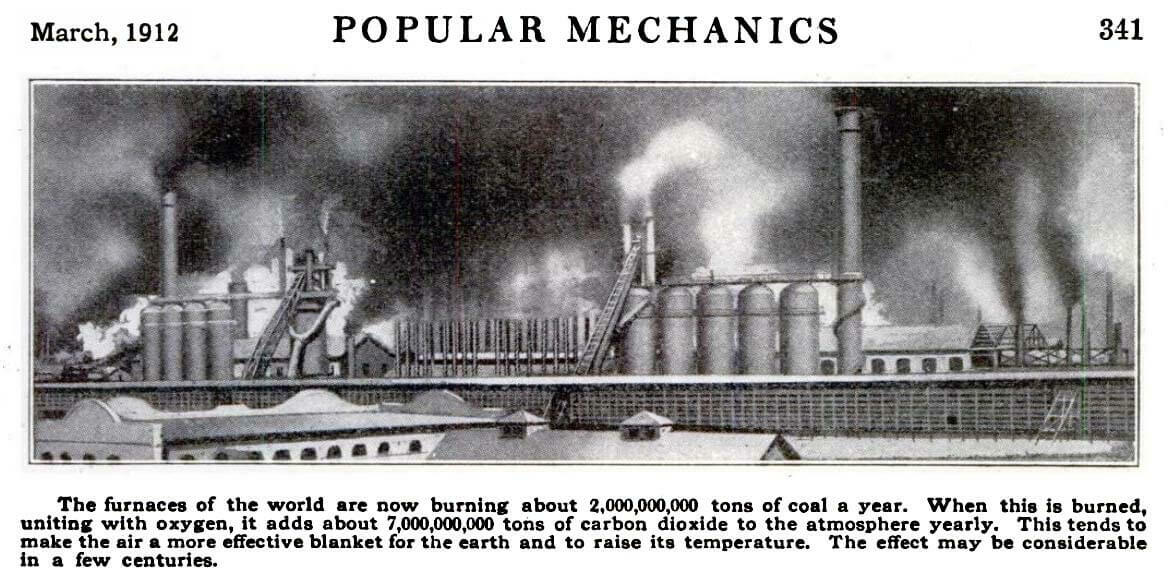 Description de l’effet de serre par les émissions de CO2 d’usines en 1912, siècle dans le magazine de vulgarisation "popular mechanics"