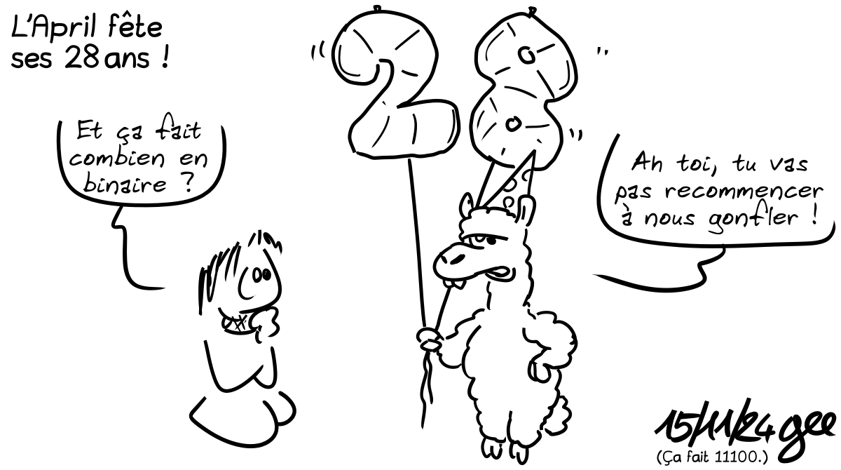 Source : https://www.april.org/campagne-2024/dessin/Gee5.png Joyeux anniversaire, dessin de Gee