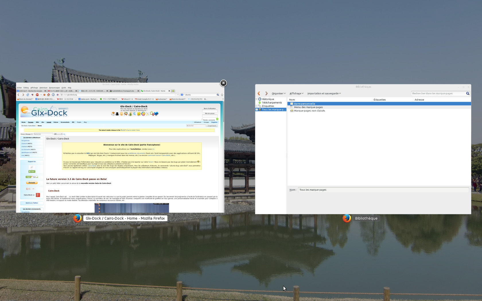 Les fenêtres d'une même application peuvent être affichées ensembles via le dock, ici sous Cinnamon <br/>
1.7