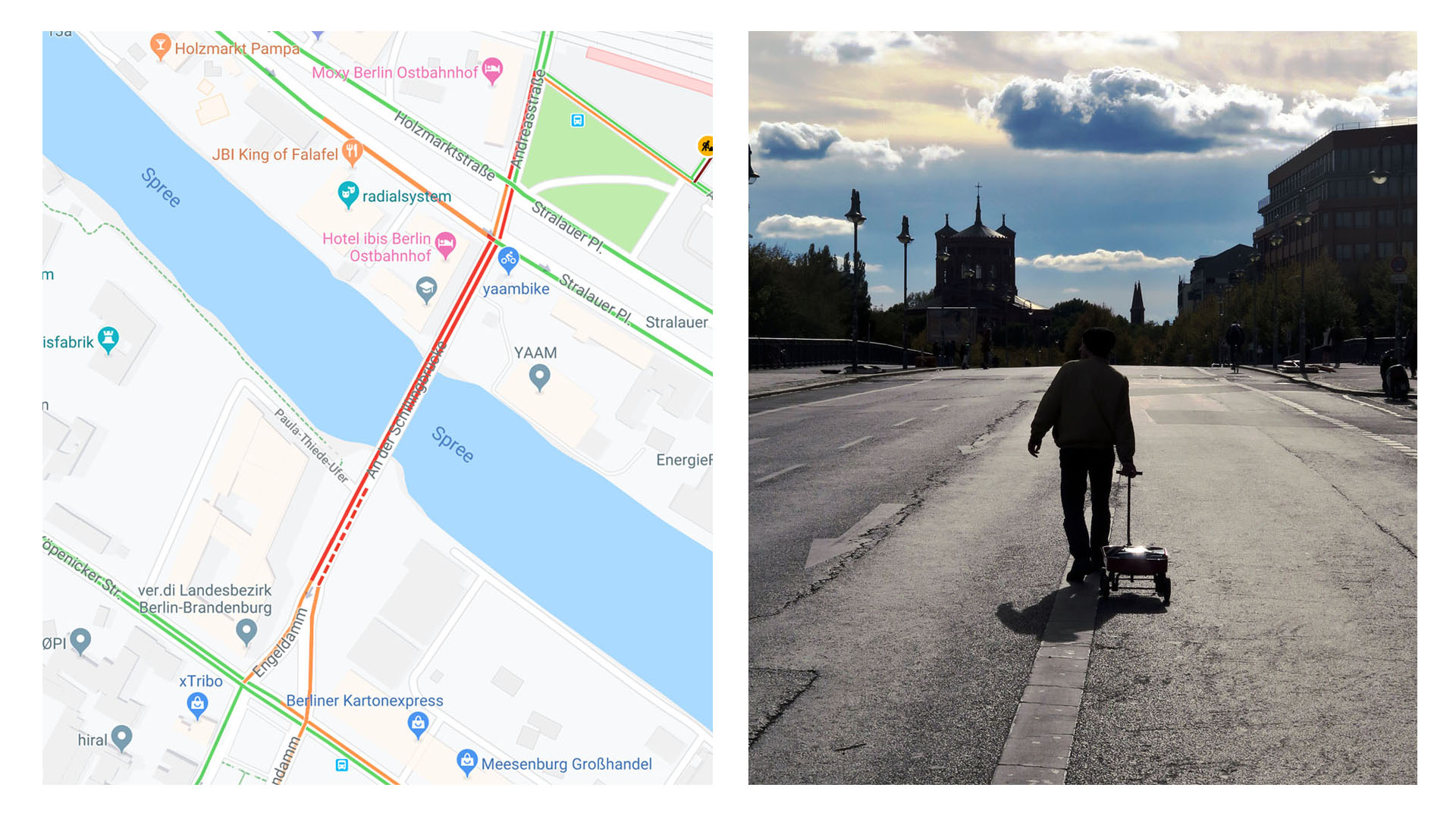 Sur un pont de Berlin, une personne tire un petit charriot rempli de téléphones allumés pour faire croire à Google qu’il y a un embouteillage. Du coup, cette personne se retrouve seule sur la chaussée, sans aucune voiture.
