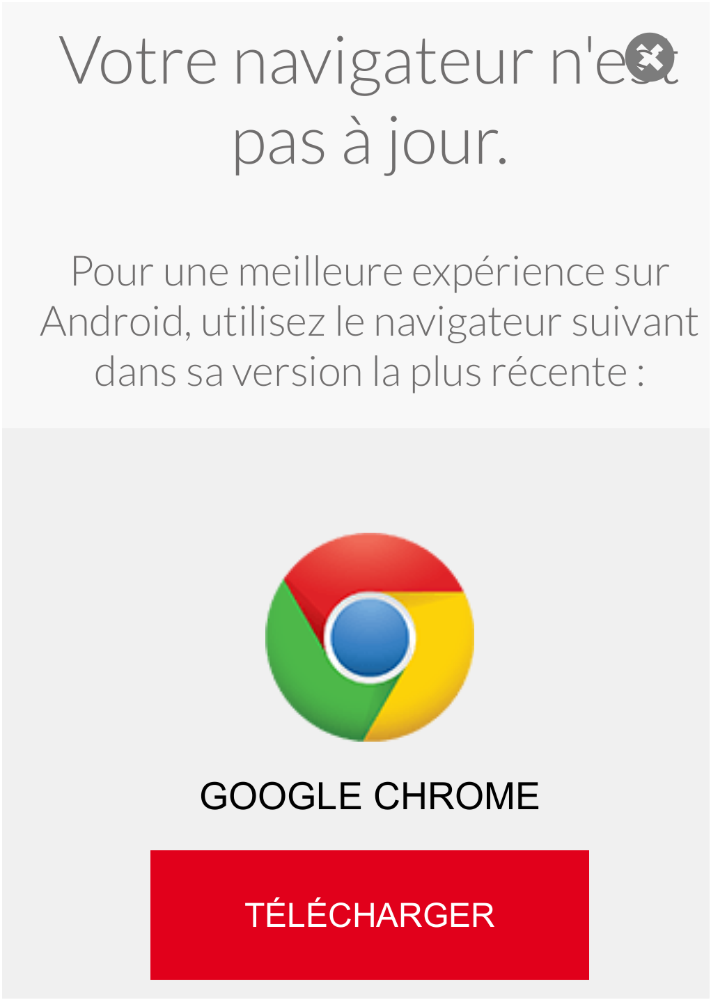 publicité mensongère de Google prétendant que mon navigateur n'est pas à jour et que dois télécharger chrome
