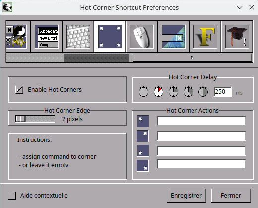 préférences de WindowMaker 0.96 Hot Corners