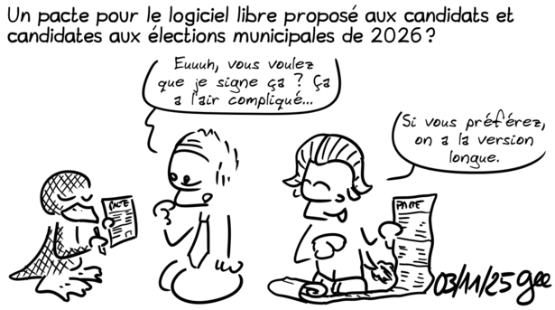 dessin de Gee: Un tux et gnu proposent un pacte à un politicien qui doute