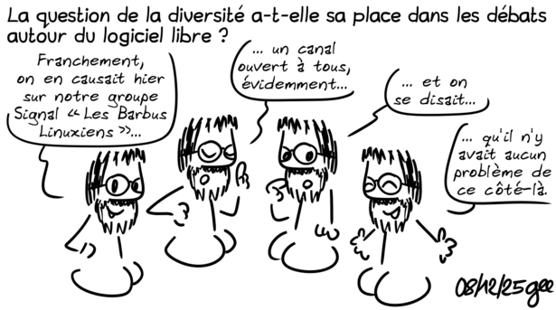 Source : https://april.org/campagne-2025/dessinGee/Gee8.png La diversité chez les barbus linuxiens
