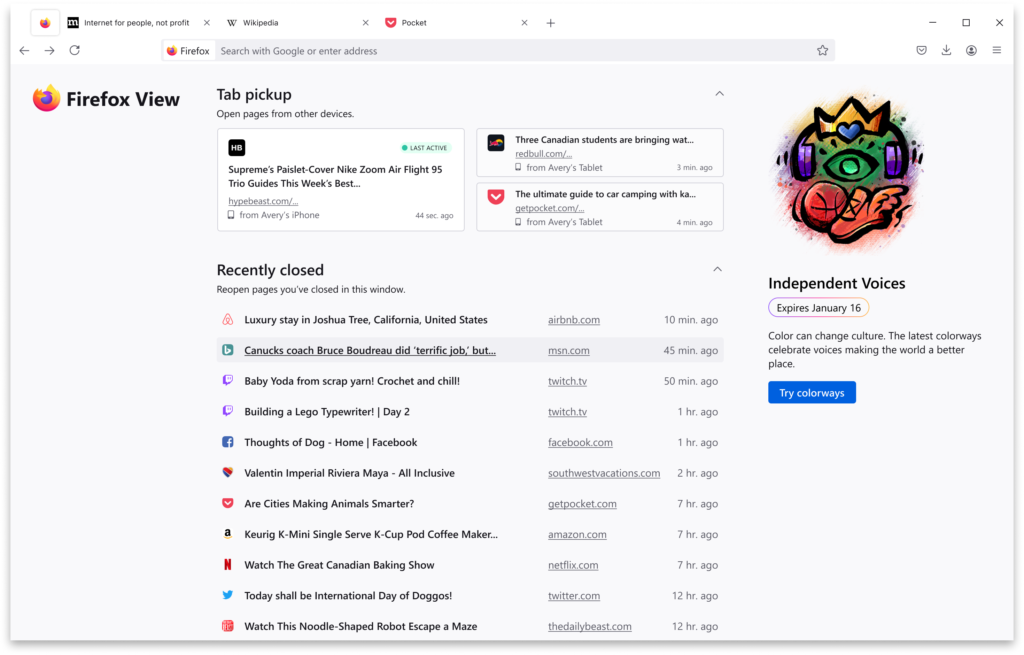 Capture d'écran de Firefox avec le nouveau bouton à gauche de la barre d'adresse présentant les onglets récemment fermés et ceux synchronisés
