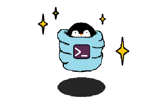 Un dessin d'un manchot dans un plaid moelleux, pourvu d'une invite de commande