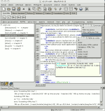 Bluefish 0.13 running on a Mac, in French. This shows the bookmarks tab (note the bookmark at line 274) and the outputbox. Some of the menus are teared off the main window for easier access.