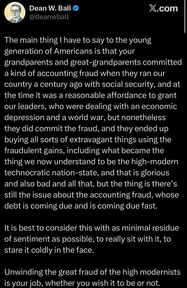 Post de Dean W. Ball sur X