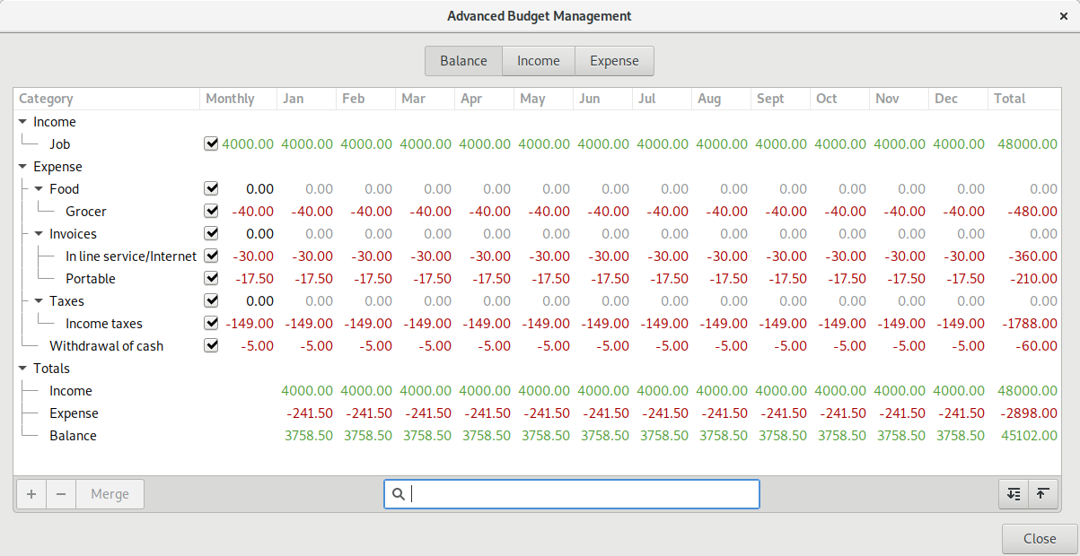 Vision d'un budget HomeBank avec GtkTreeView