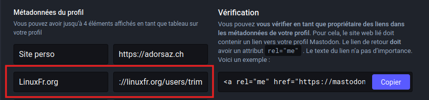 profil Mastodon avec lien LinuxFr.org