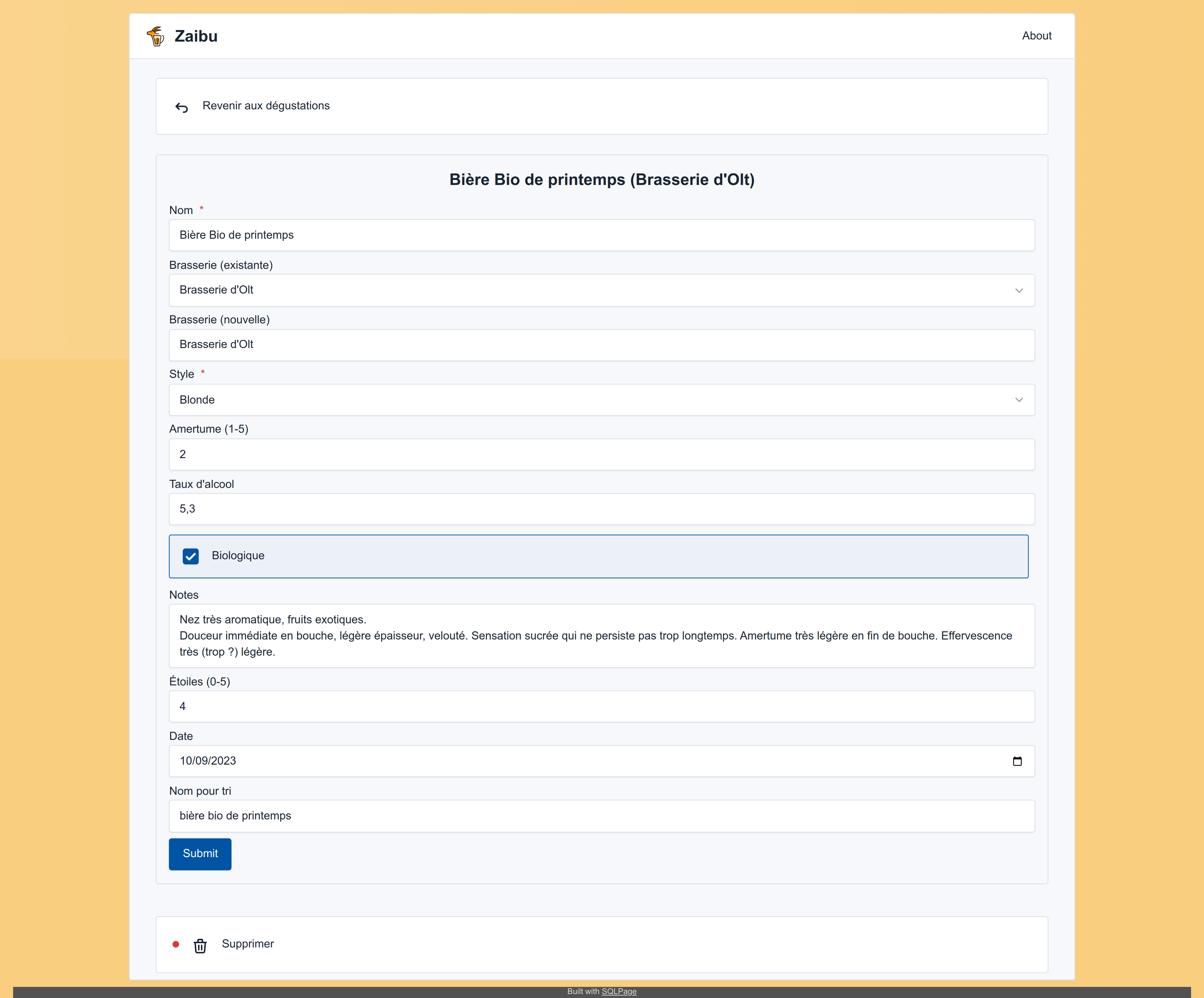 capture d'écran du formulaire de saisie de dégustation de bière de l'interface desktop