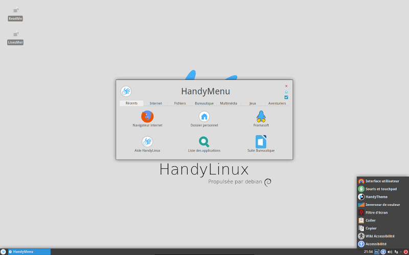 Handy Linux 2.5 (basée sur Debian 8 Jessie), son bureau Xfce, et son Handy Menu