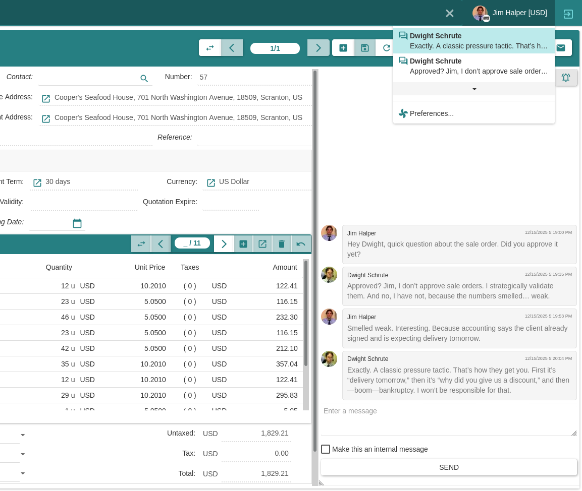 Conversation entre Jim et Dwight sur une vente