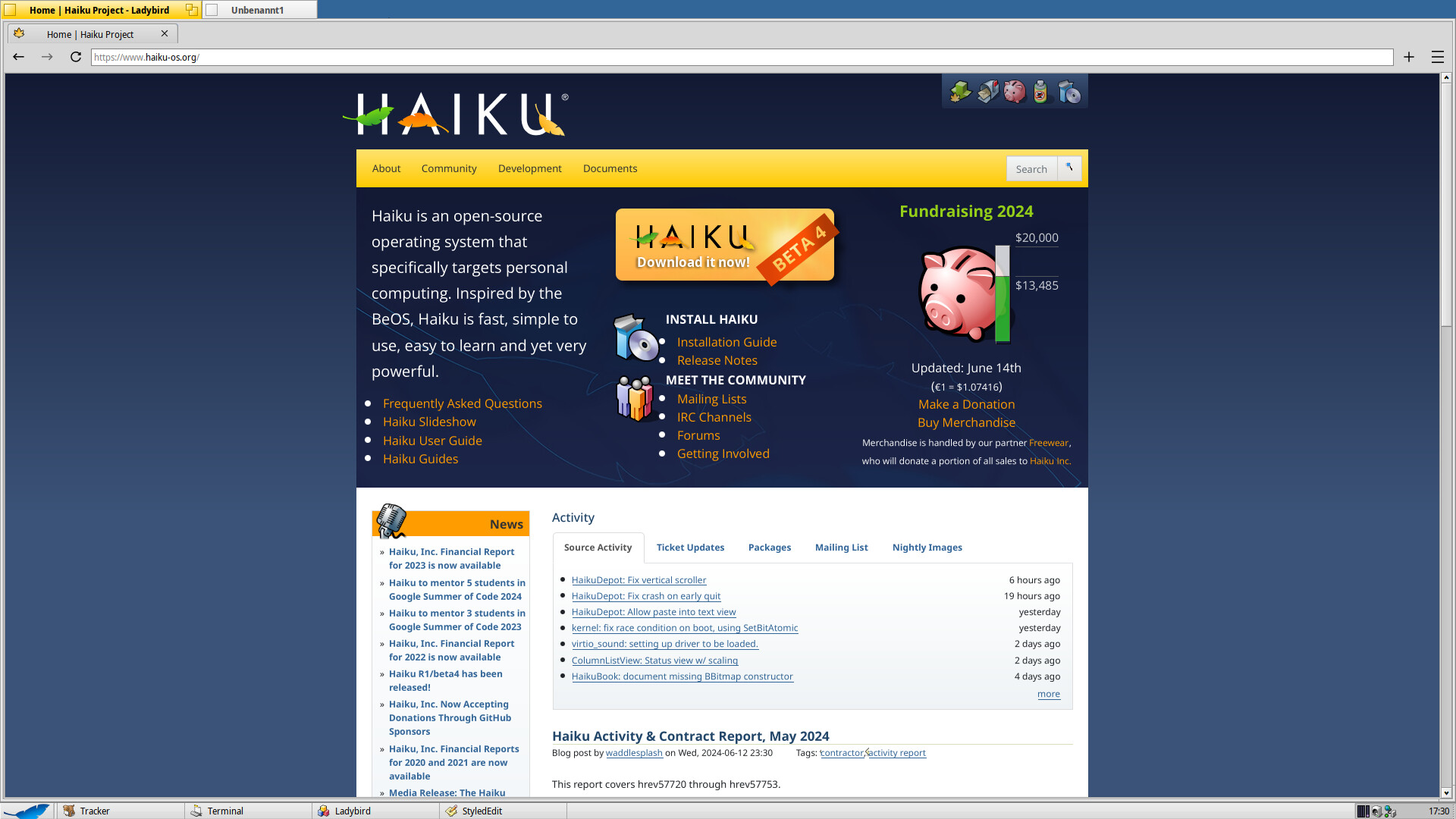 Ladybird affichant la page d'accueil d'Haiku