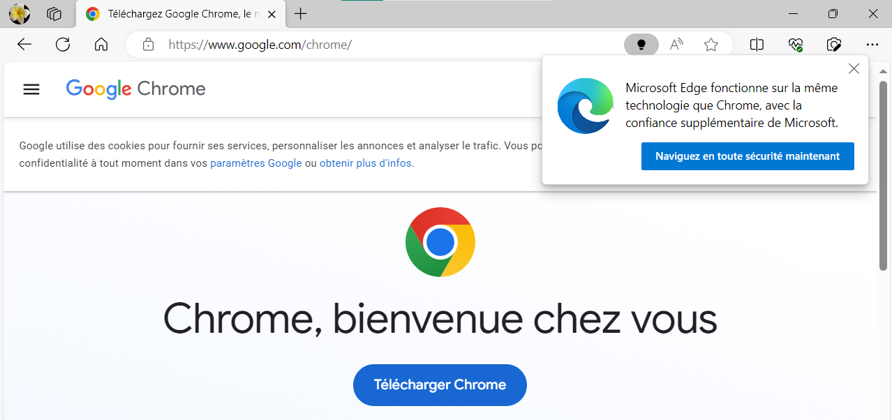 Microsoft Edge affiche un popup publicitaire sur la page de téléchargement de Google Chrome