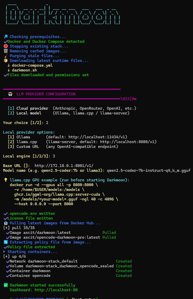 Source : https://docs.dark-moon.org/assets/pics/provider-key.png Configuration du fournisseur LLM : cloud, modèle local ou endpoint compatible OpenAI