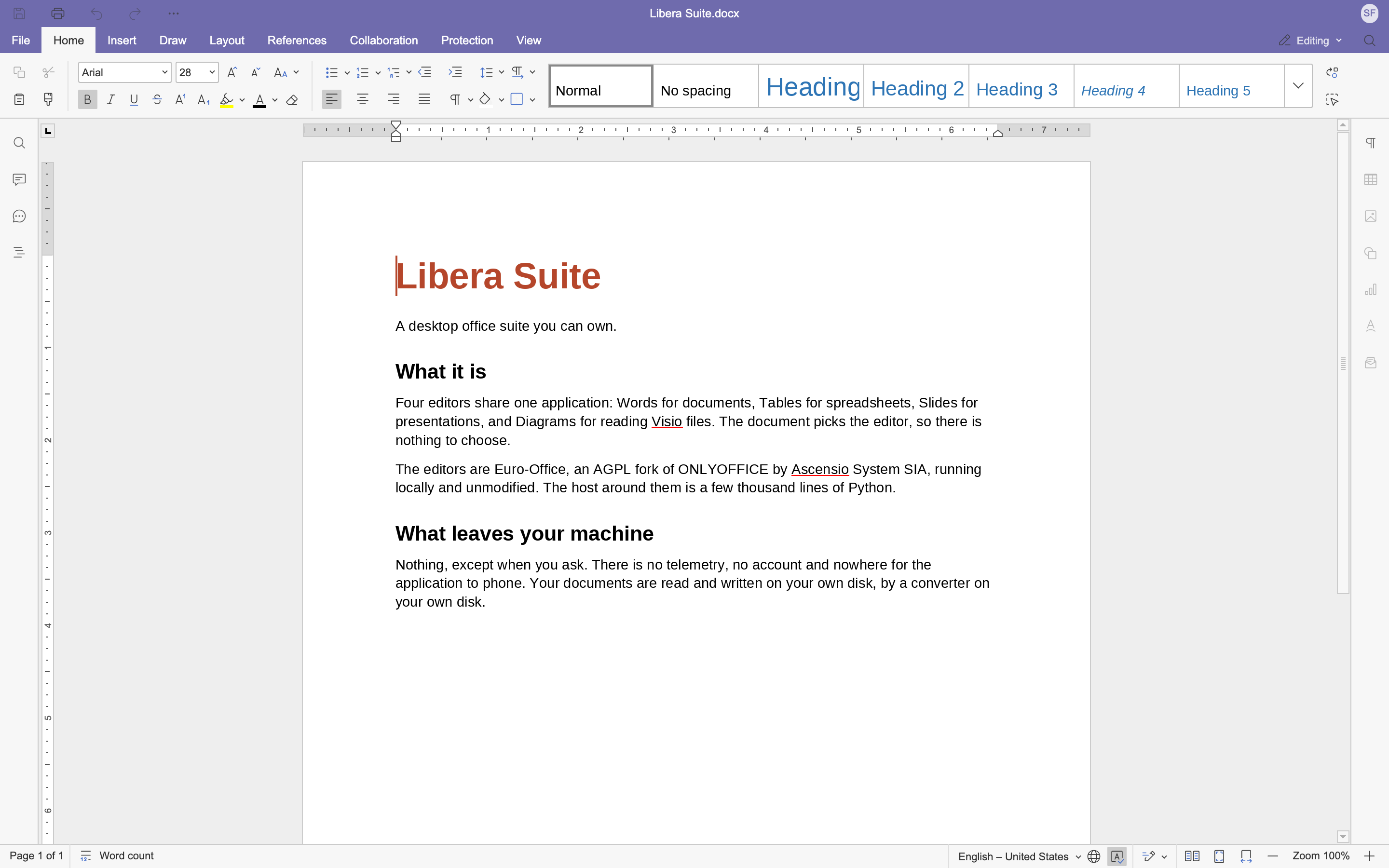Libera Words, avec un document ouvert