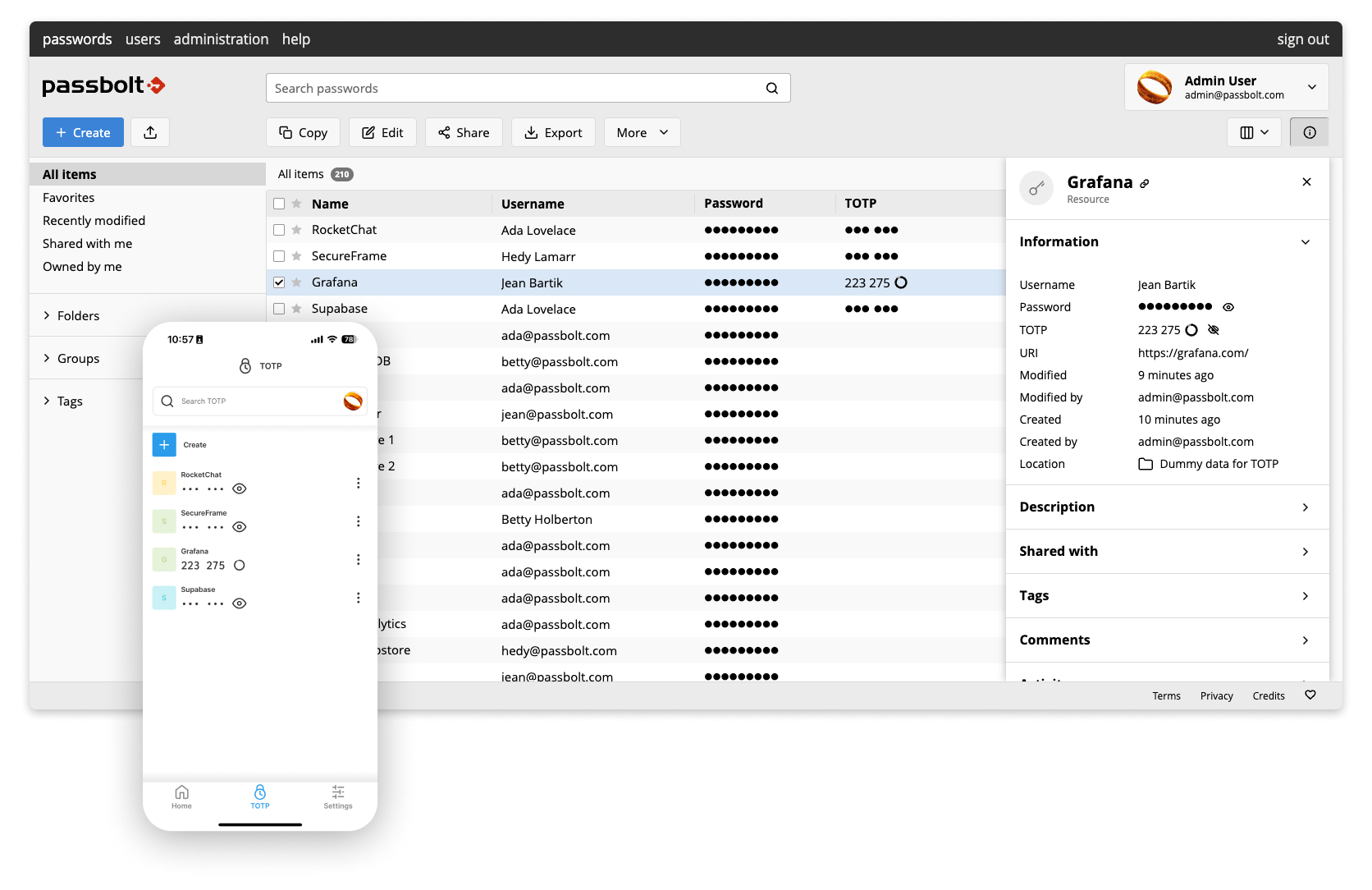 Impression d'écran du fonctionnement de TOTP sur Passbolt et son application mobile