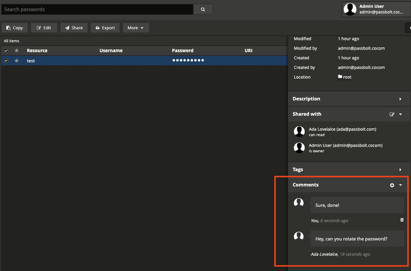 Systeme de commentaires par mot de passe sur Passbolt