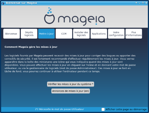 Onglet Mettre à jour de la Bienvenue sur Mageia 7