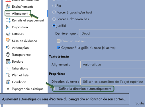Définition de la direction du texte dans le style de paragraphe