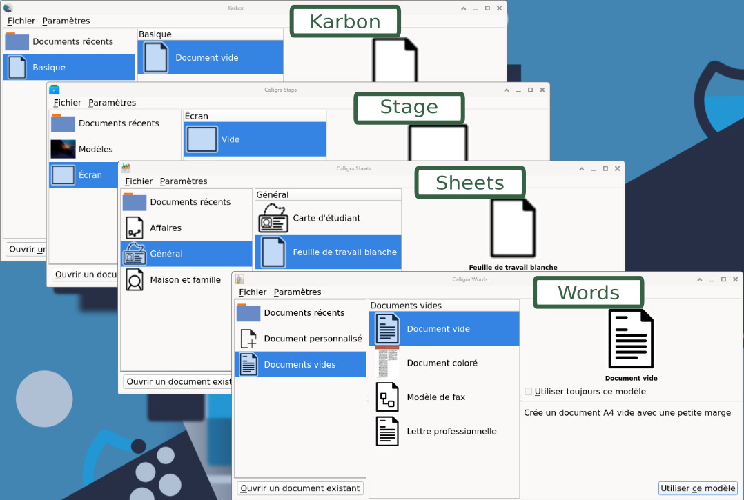 Les quatre applications de la suite bureautique Calligra.