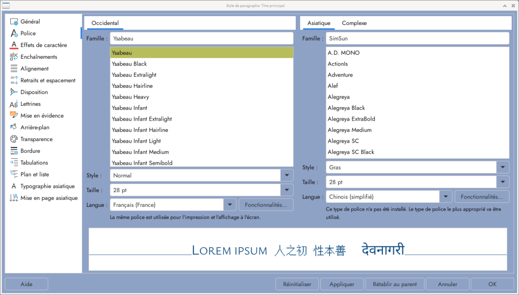 Boite de dialogue Style de paragraphe avec la navigation par onglets à gauche, puis les deux colonnes de choix de police, occidental ou asiatique ou complexe