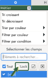 La nouvelle case à cocher « Lock » est à droite de la case de la case pour tout sélectionner.