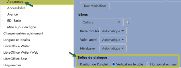 Choix de la position des onglets des boites de dialogue, LibreOffice 26.2
