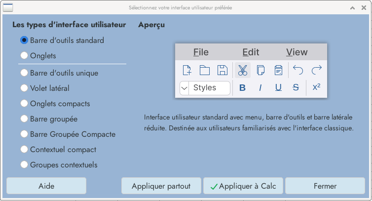 le choix de l’interface dans LibreOffice 25.02