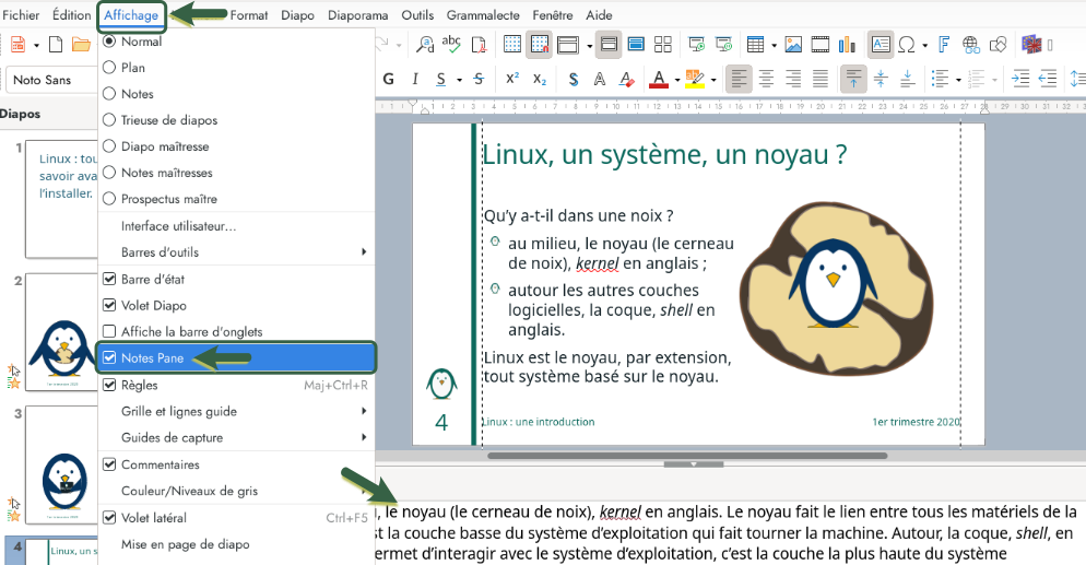 Cocher la case « Note Pane », les notes s’affichent en dessous de la diapositive.