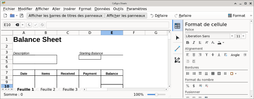 L’interface de Calligra Sheets