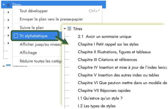 Tri des titres par ordre alphabétique dans le Navigateur