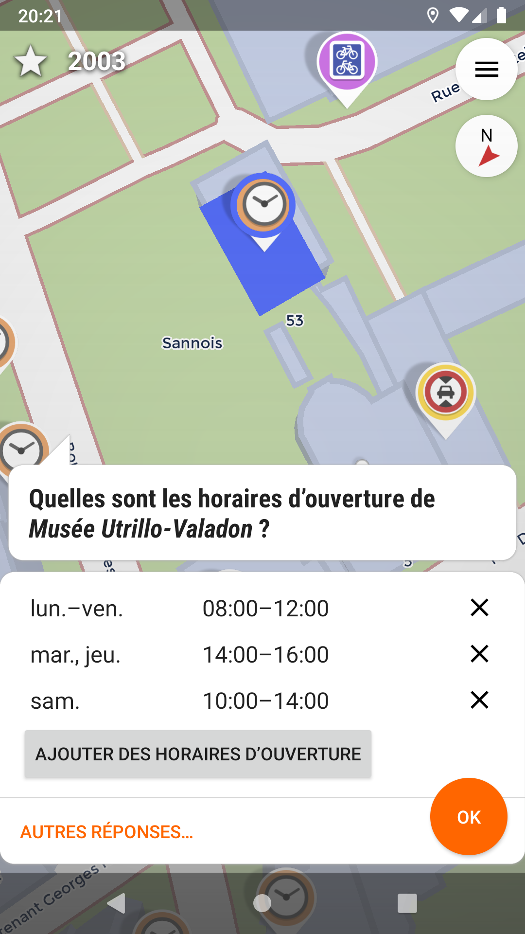 interface saisie horaire de streetComplete