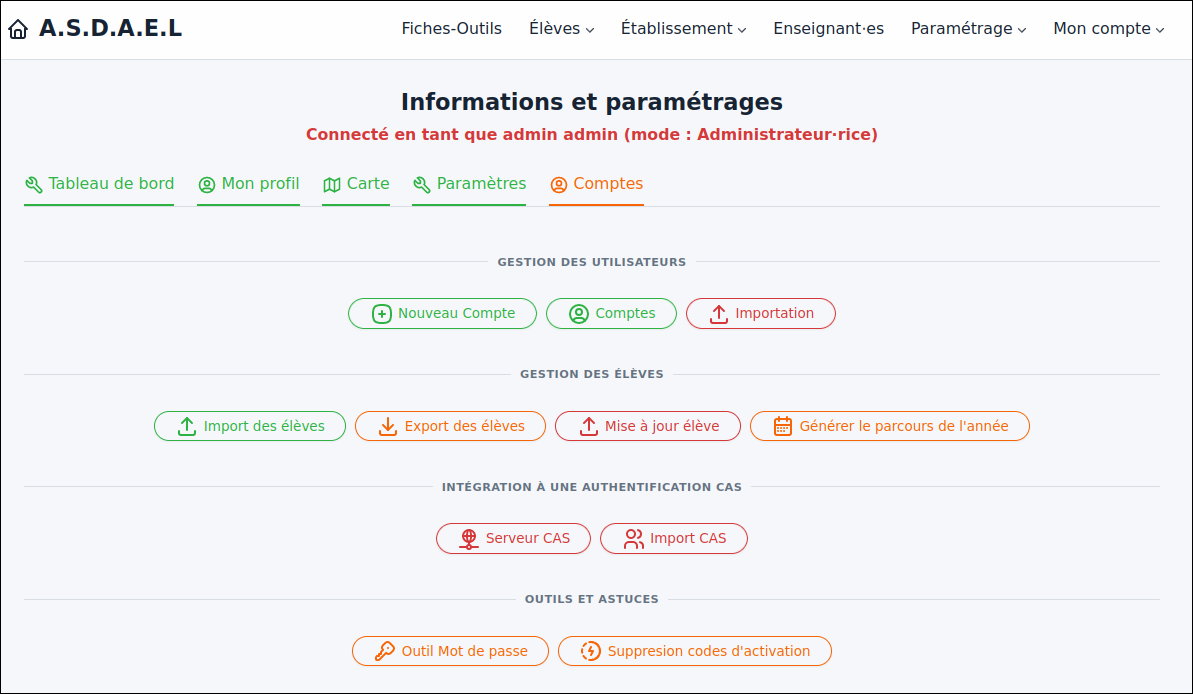 Page de paramétrage