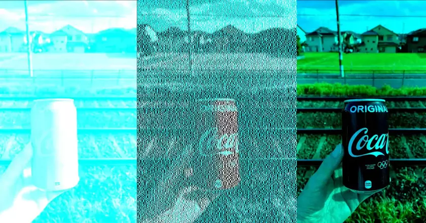 Image d'une cannette de coca à laquelle on a retiré le rouge, mais mixé deux versions avec ou sans beaucoup de cyan