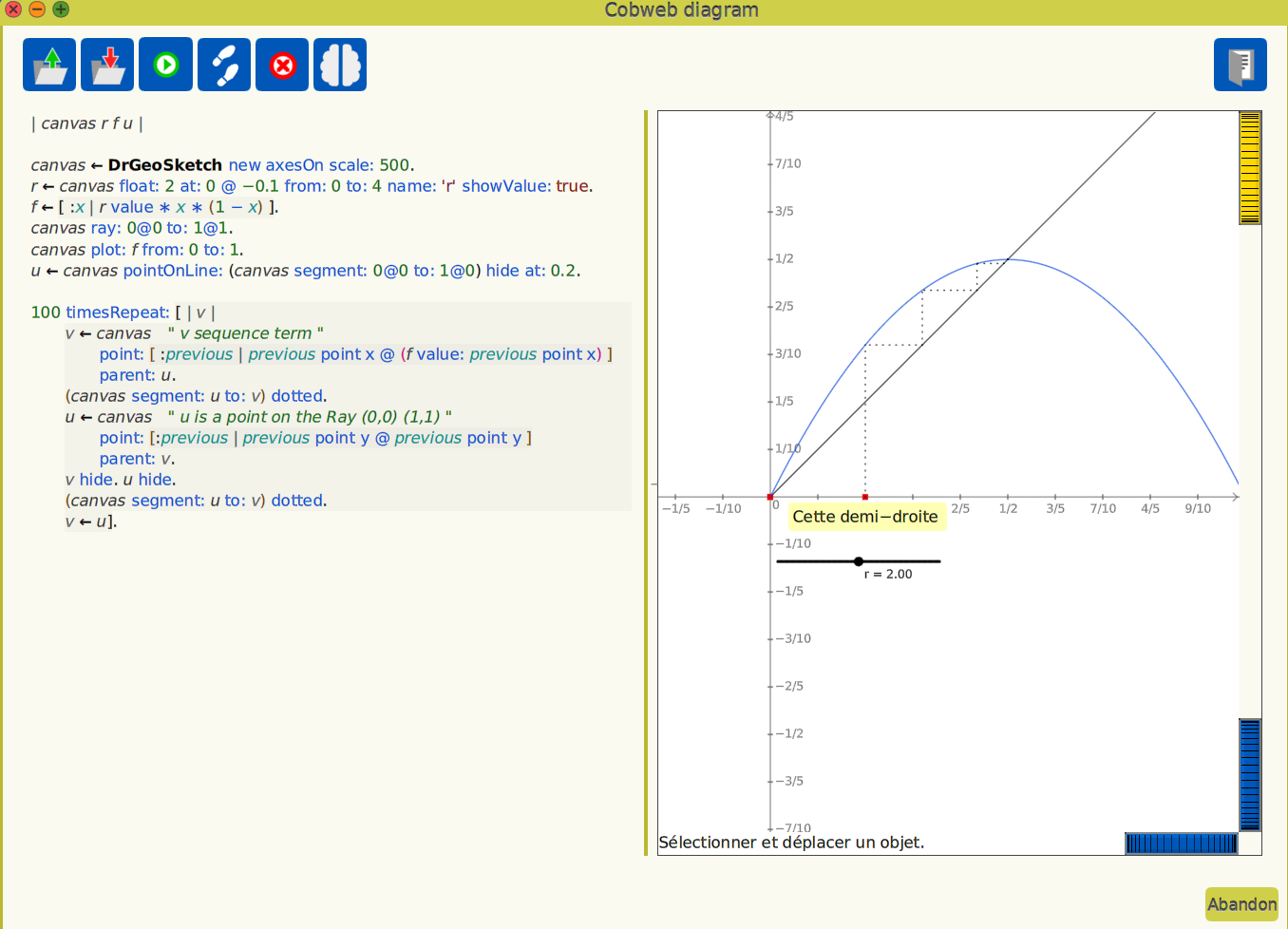 Source : https://github.com/Dynamic-Book/DrGeo/blob/main/resources/graphics/promote/drgeo-editor.png?raw=true Editeur d'une figure programmée, ici le code est en anglais