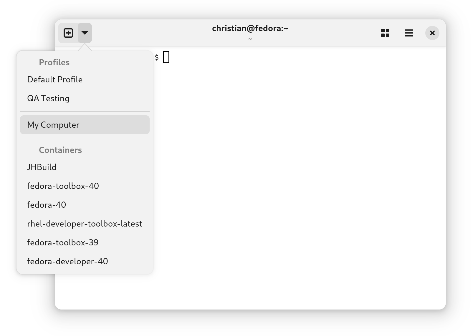 Source : https://gitlab.gnome.org/chergert/ptyxis/-/raw/main/data/screenshots/containers-menu.png Ptyxis