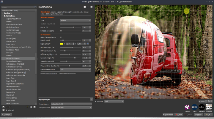 Filtre 'Deformations/Heightfield Warp (G'MIC-Qt)