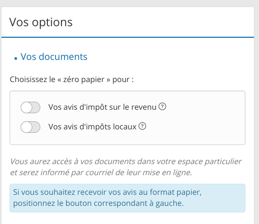 Source : https://i.ibb.co/1Jh0VmFz/Screenshot-2026-05-22-21-54-49.png interface proposant un jeu d'interrupteurs à bascule suivi du message : « Si vous souhaitez recevoir vos avis au format papier, positionnez le bouton correspondant à gauche »