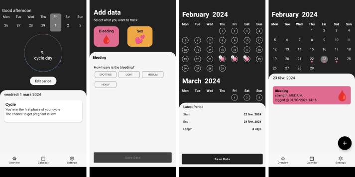 Captures d’écran de l’appli de suivi des menstruations BlueMoon