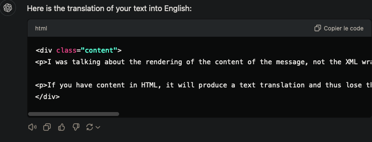 capture d'écran de chatGPT avec le message traduit préservant le HTML et l'ayant mis dans un bloc de code