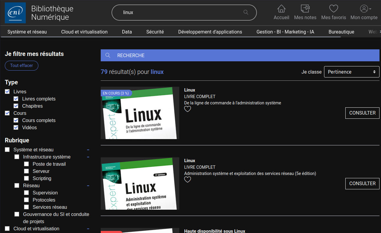 Capture d’écran d’une recherche du terme Linux