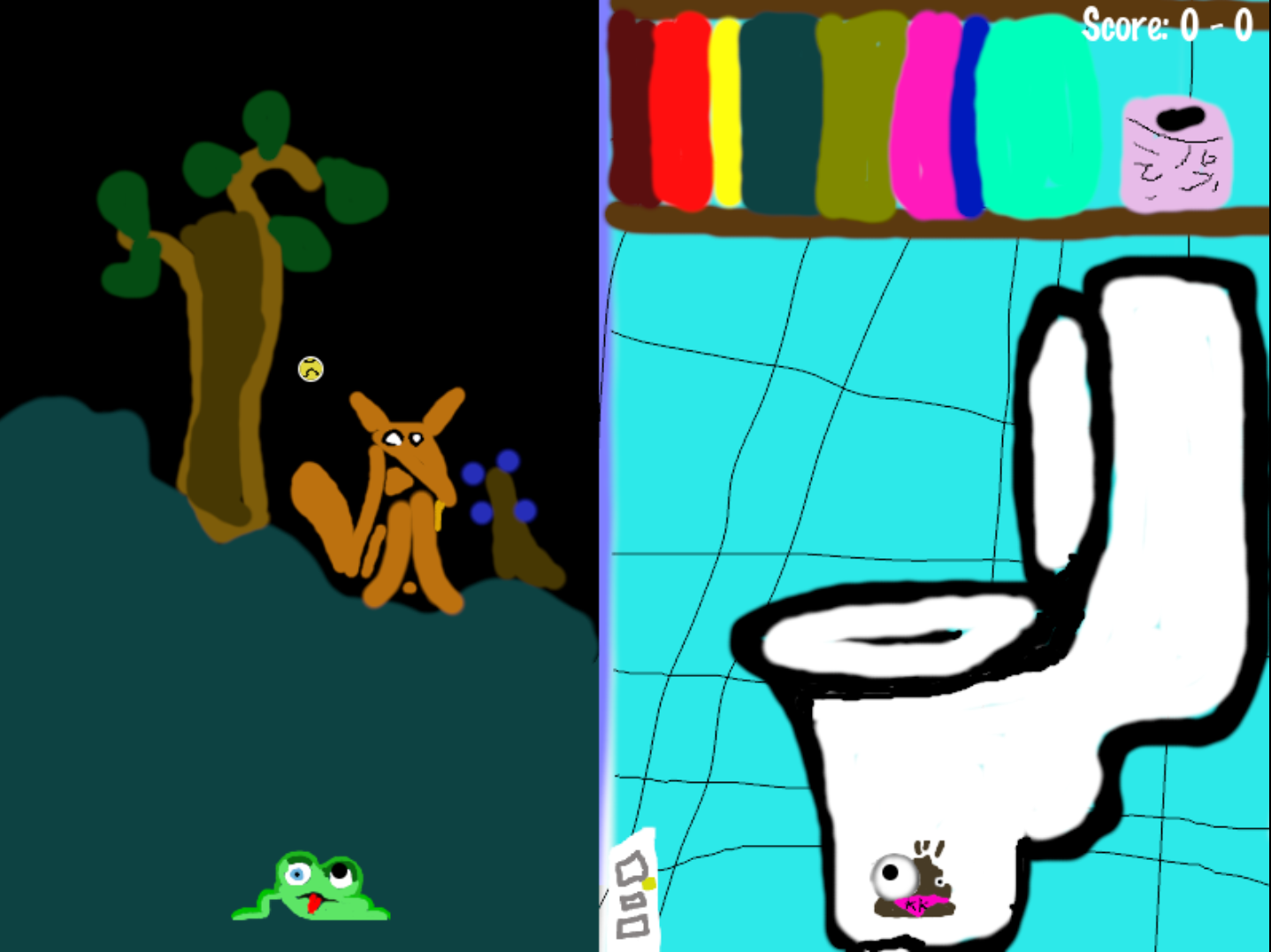 Une partie de Slimevolley avec un thème personnalisé montrant en particulier le sprite de crotte en string